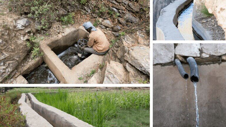 <p>Grâce à un bon système d’irrigation, l’eau n’est plus perdue. Les canaux de terre et de branches ont été remplacés par des canaux en bétons. </p>
